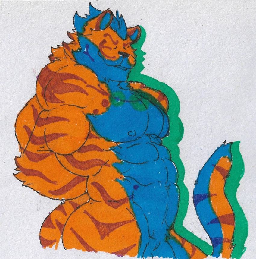 abs anthro ass barazoku biceps collar felid feline felis genitals hi_res lin_hu male mammal muscular muscular_anthro muscular_male nekojishi nipples pantherine pecs penis pinumontbalou pose smile smiling_at_viewer solo stripes studio_klondike tail tiger