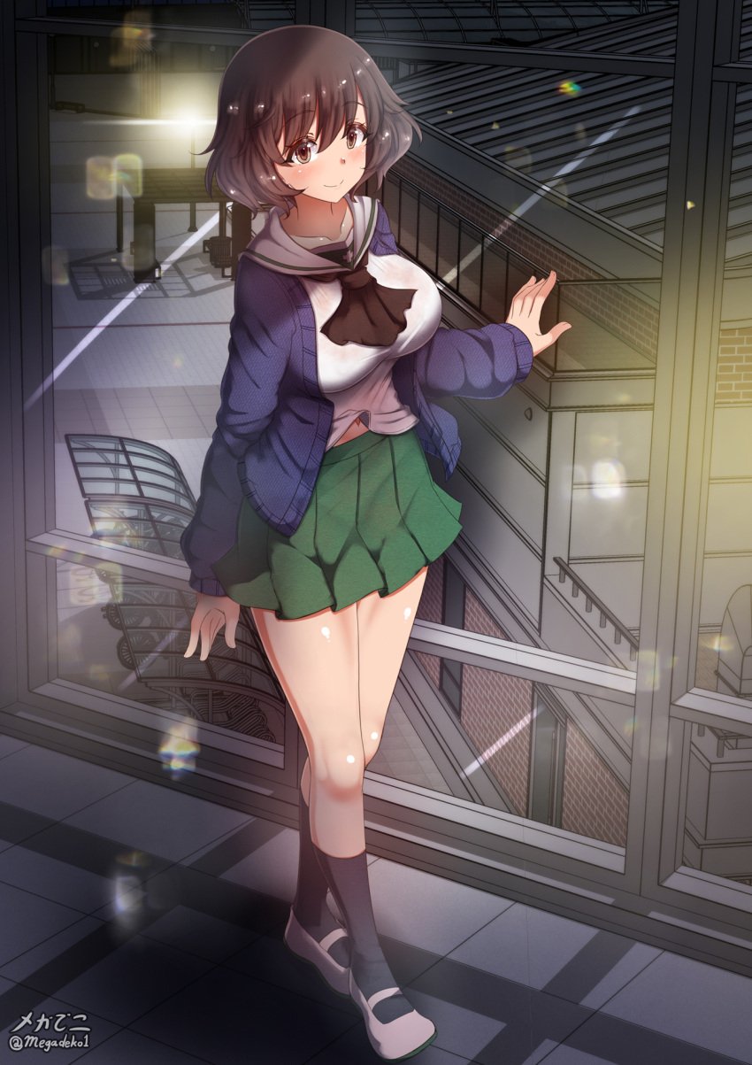 akiyama_yukari aquaegg black_socks blush breasts brown_eyes brown_hair closed_mouth female girls_und_panzer green_skirt large_breasts looking_at_viewer miniskirt navel ooarai_school_uniform school_uniform shoes short_hair skirt smile socks socks_and_shoes solo thigh_socks thighhighs uwabaki