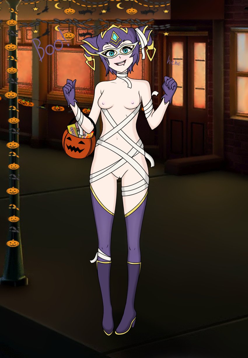 an_hydrolyst bandage blue_eyes candy female halloween humanized mirage_(warframe) mirage_prime_(warframe) mummy_costume mummy_wrappings nipples pink_nipples purple_hair purple_legwear warframe