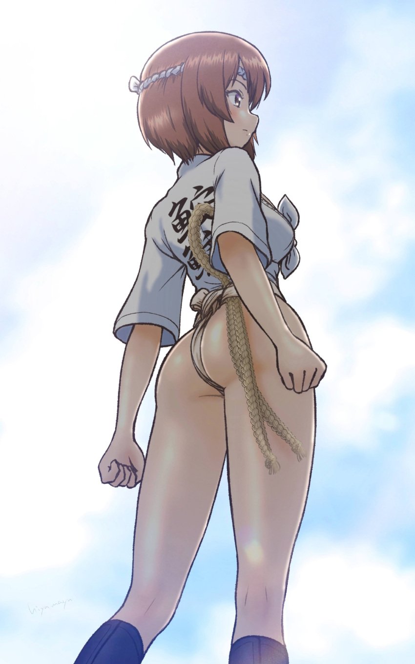 ass blush breasts brown_eyes brown_hair closed_mouth female from_below fundoshi girls_und_panzer hiyama_yuu_(wee259hiyama) nishizumi_miho outdoors short_hair sky small_breasts solo yamakasa