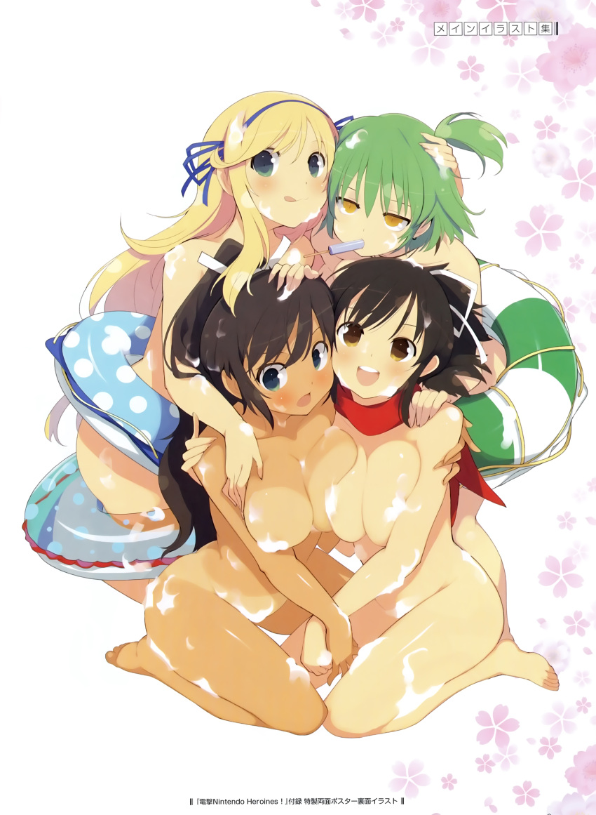 10s 4girls :d :q absurdres asuka_(senran_kagura) asymmetrical_docking bare_legs bare_shoulders barefoot bikini black_bikini black_hair blonde_hair blush breast_press brown_eyes brown_hair female female_only fingernails food green_eyes green_hair hair_ribbon hand_on_another's_head hand_on_another's_shoulder highres hikage_(senran_kagura) homura_(senran_kagura) innertube katsuragi_(senran_kagura) long_fingernails mouth_hold multicolored_bikini multicolored_clothes multiple_girls official_art one_side_up open_mouth popsicle red_scarf ribbon scan scarf senran_kagura shiny_skin sitting smile string_bikini striped striped_bikini swimsuit tongue tongue_out wariza yaegashi_nan yellow_eyes yuri