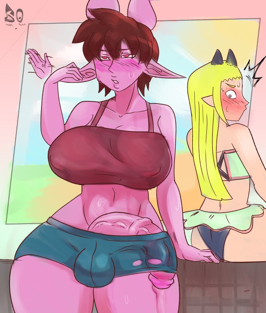 1futa 1girls back balls big_breasts big_penis bikini black_hair blonde_hair blush breasts cameltail casual_exposure casual_nudity clothed clothing duo female futa_focus futa_with_female futanari heidi_(souley) huge_cock humanoid ineffective_clothing large_breasts light-skinned_female long_hair looking_back mostly_clothed mostly_nude penis penis_awe penis_out penis_under_clothes pink_body short_hair short_shorts shorts small_clothes solo_focus souley69 standing sweat sweating testicles uncensored wardrobe_malfunction wide_hips