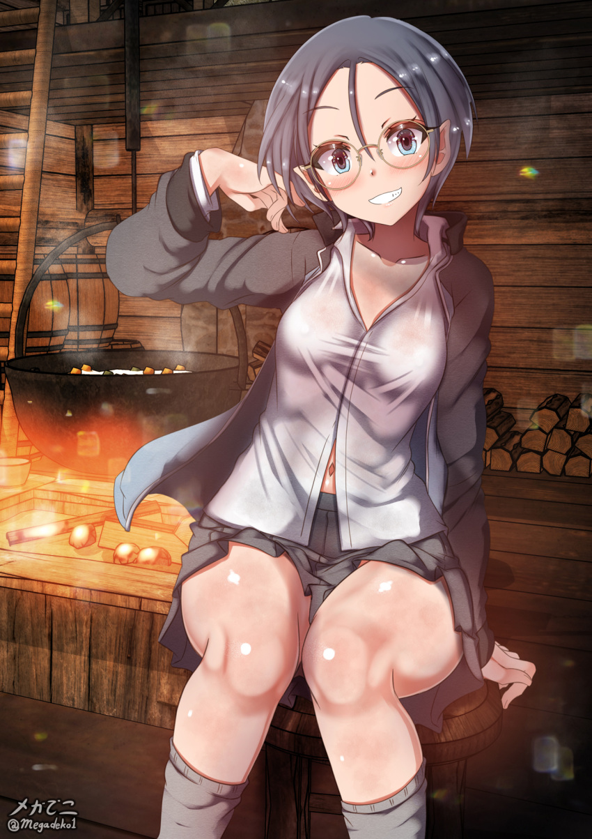 1girls aquaegg blue_eyes blue_hair blush breasts covered_erect_nipples female girls_und_panzer glasses grin keizoku_military_uniform looking_at_viewer medium_breasts military_uniform navel rumi_(girls_und_panzer) short_hair skirt solo track_jacket uniform