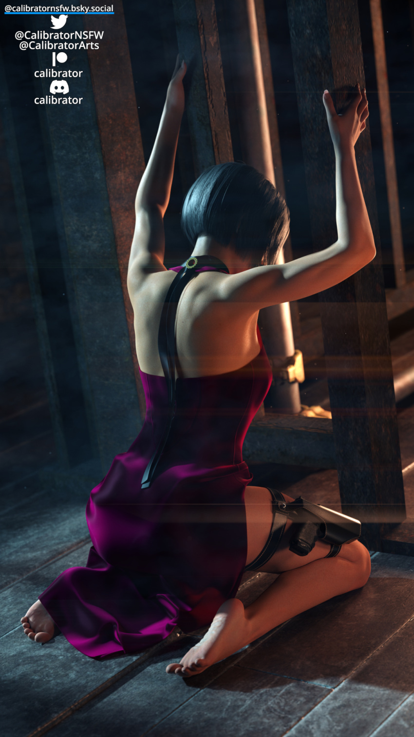 3d ada_wong arms_up back black_hair calibrator calves clothed clothing dark_hair dress feet fit_female kneeling legs pinup pose resident_evil thighs