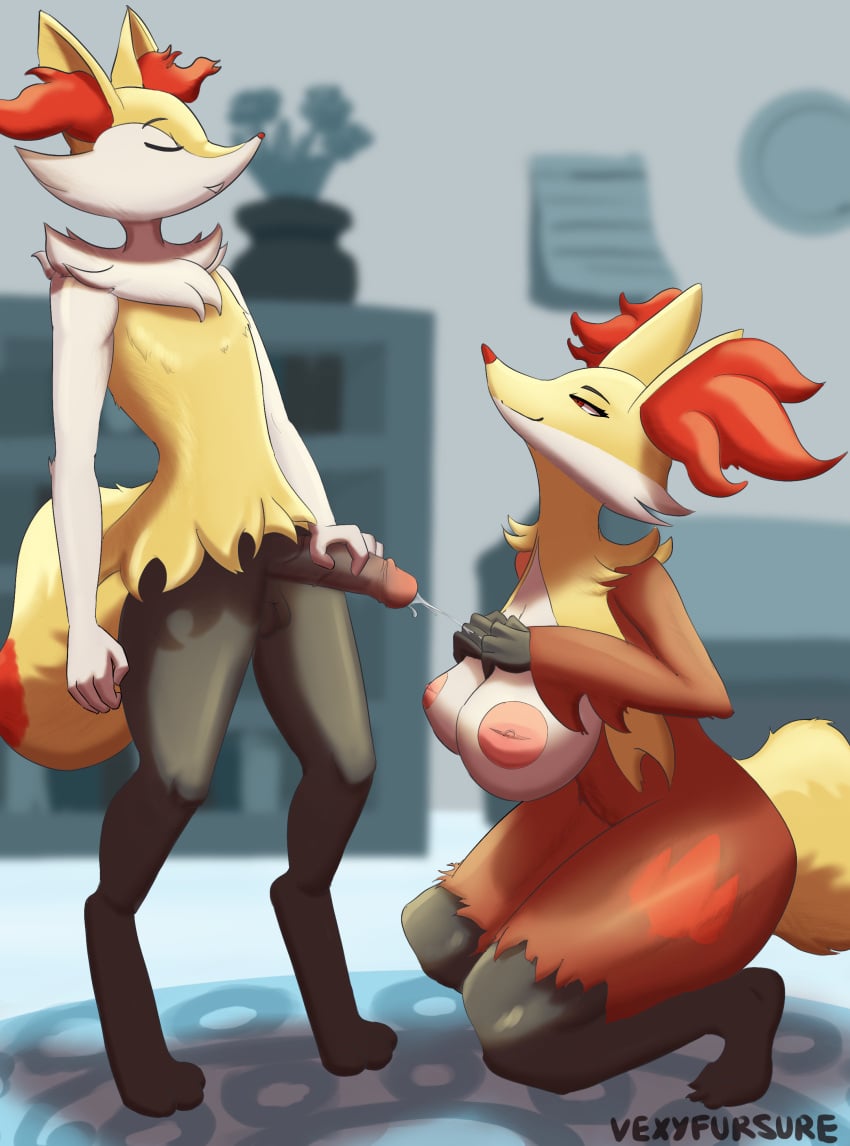 absurd_res animal_penis anthro_on_anthro aunt aunt_and_nephew balls bodily_fluids braixen breasts closed_eyes crouching cum delphox duo ejaculation female fur furniture generation_6_pokemon genital_fluids genitals hi_res humanoid incest looking_pleasured looking_up male male/female nephew nintendo nipples penis pokemon pokemon_(species) tail vexyfursure