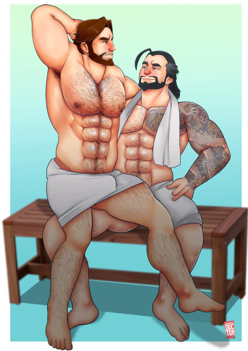 balls bara beard blush body_hair bulge cole_cassidy doctor_anfelo facial_hair hand_behind_head hanzo jesse_mccree male male_only muscles muscular overwatch overwatch_2 penis sitting_on_lap towel towel_around_waist towel_only