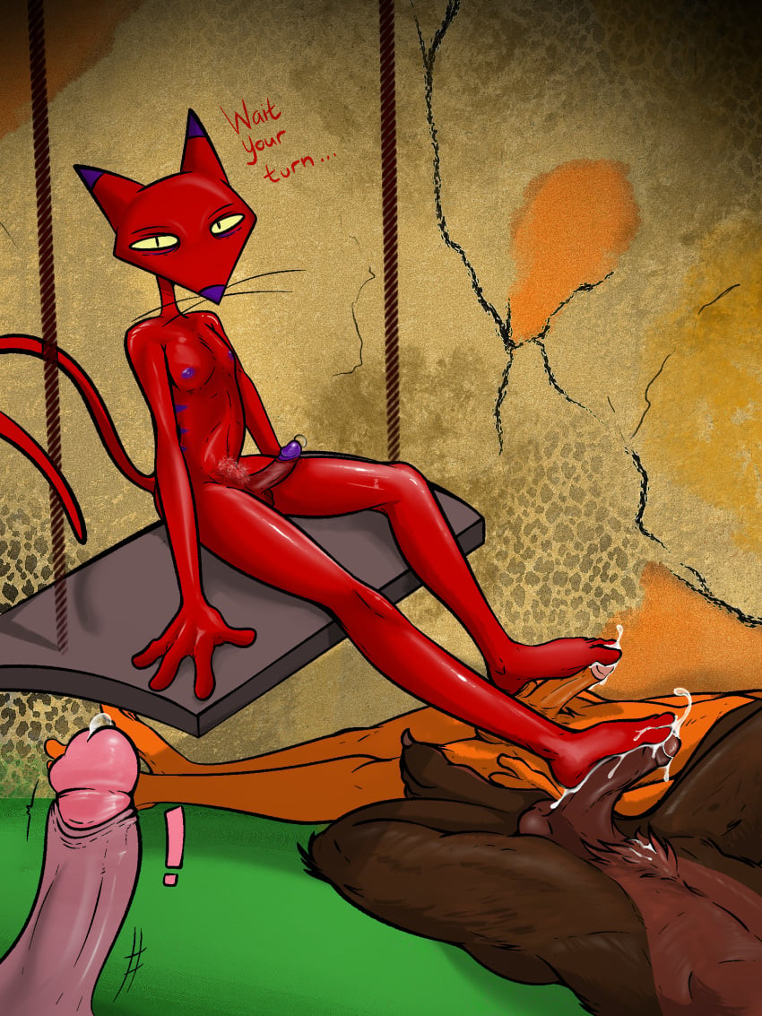 anthro bodily_fluids canid canine canis cartoon_network courage_the_cowardly_dog cum cum_on_feet dialogue domestic_cat domestic_dog ejaculation erection feet felid feline felis foot_fetish foot_focus foot_play footjob fox genital_fluids genitals group hi_res illegaleel katz_(courage_the_cowardly_dog) leaking_cum mad_dog_(courage_the_cowardly_dog) male male/male mammal nipples penis penis_size_difference pubes sex swing the_cajun_fox