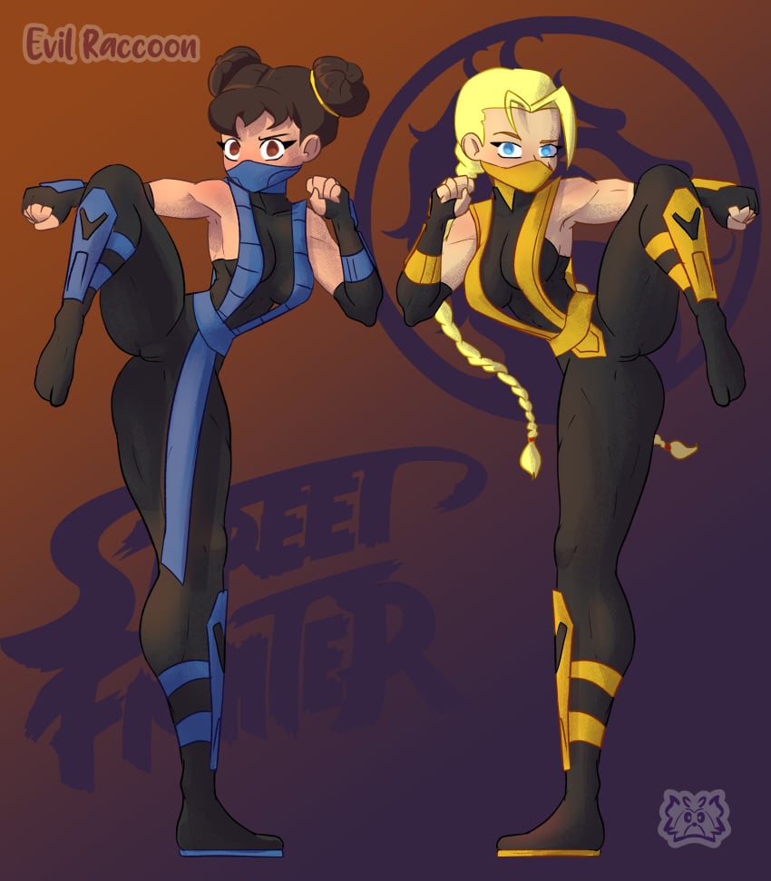 2girls asian blonde_hair blue_eyes cammy_white chun-li cosplay costume crossover evil_raccoon female female_only fighter fully_clothed martial_arts mortal_kombat scorpion_(mortal_kombat) short_hair street_fighter sub-zero tight_clothing white_body white_skin