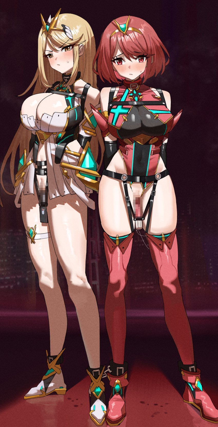 2girls ankle_cuffs arms_tied_behind_back blonde_hair bondage bondage_harness breasts censored collar core_crystal dildo dildo_harness dress feipin_zhanshi harness large_breasts leotard long_hair looking_at_viewer mythra nintendo pyra red_eyes red_hair red_leotard sex_toy shoes short_hair slave standing thigh_strap thighhighs tiara vibrator vibrator_holder white_dress xenoblade_(series) xenoblade_chronicles_2 yellow_eyes