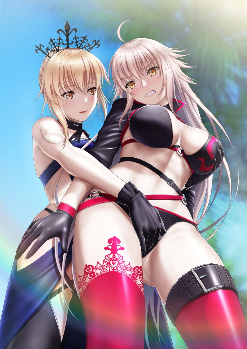 2girls artoria_pendragon artoria_pendragon_(alter) belt bikini black_bikini black_swimsuit blonde_hair blue_bikini blue_swimsuit braided_bun breasts clouds crown fate/grand_order fate_(series) fingering fingering_through_clothes gloves groping groping_breasts hair_bun jeanne_alter jeanne_d'arc_(alter)_(fate) jeanne_d'arc_(fate) large_breasts long_hair midriff multiple_girls navel neck_ribbon o-ring_bikini o-ring_swimsuit outside palm_trees ribbon saber_alter sky swimsuit tai_(2vs) thigh_strap thighhighs white_hair yellow_eyes yuri