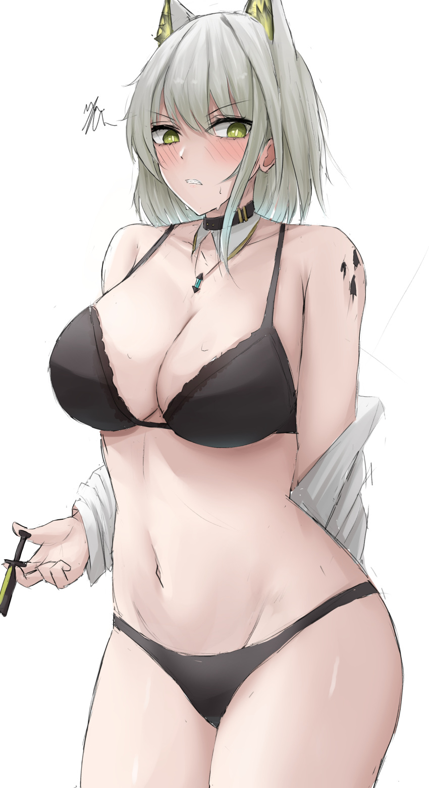 1girls 2020s 2023 absurd_res animal_ears arknights arm_behind_back bare_shoulders black_bra black_collar black_panties blush bra breasts cat_ears cat_girl clenched_teeth clothes_pull collar collarbone cowboy_shot detached_collar embarrassed female frown green_eyes grey_hair groin hi_res hip_focus hips holding jewelry kal'tsit_(arknights) large_breasts light-skinned_female light_skin medium_hair namikare navel necklace no_pants open_clothes open_shirt oripathy_lesion_(arknights) panties shirt shirt_pull signature simple_background slit_pupils solo standing teeth thighs underwear undressing white_background white_shirt