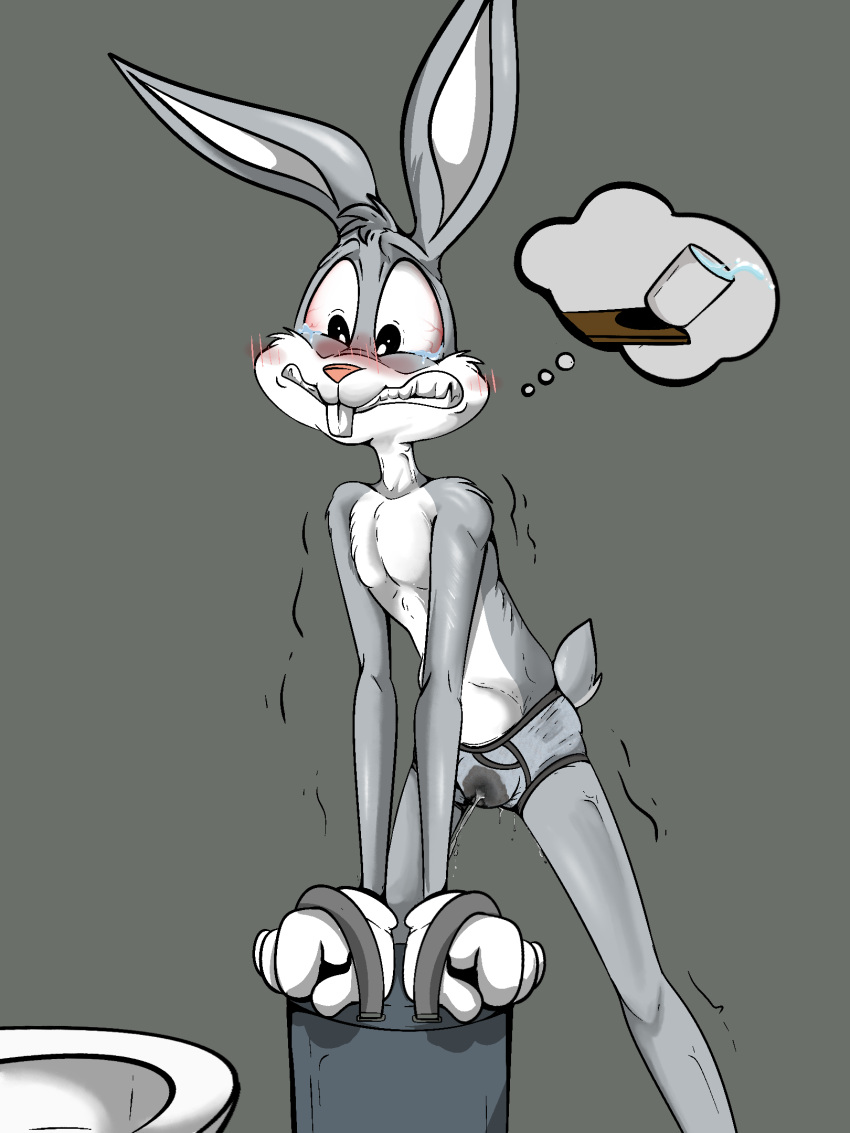 anthro bladder_bulge blush bodily_fluids bugs_bunny clothed clothing hi_res illegaleel lagomorph leaking_urine leporid looney_tunes male male_only mammal omorashi pee_stains rabbit restrained solo solo_male tears toilet underwear underwear_only warner_brothers wet wet_clothing wet_underwear