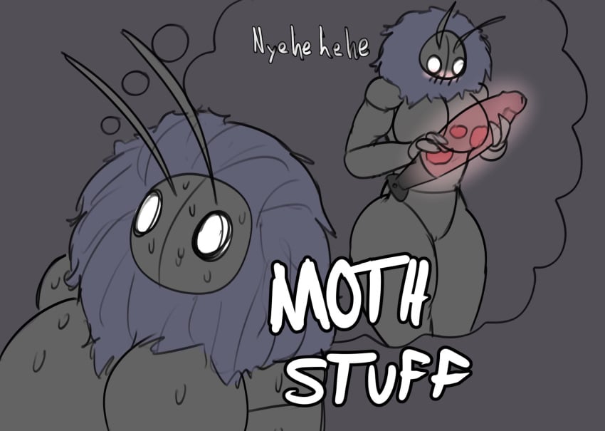 antennae antennae_(anatomy) arthropod big_breasts breasts claws dialogue dildo lamp lava_lamp moth moth_girl neck_tuft nervous_sweat sweat sweatdrop thefakedrydood thick_thighs