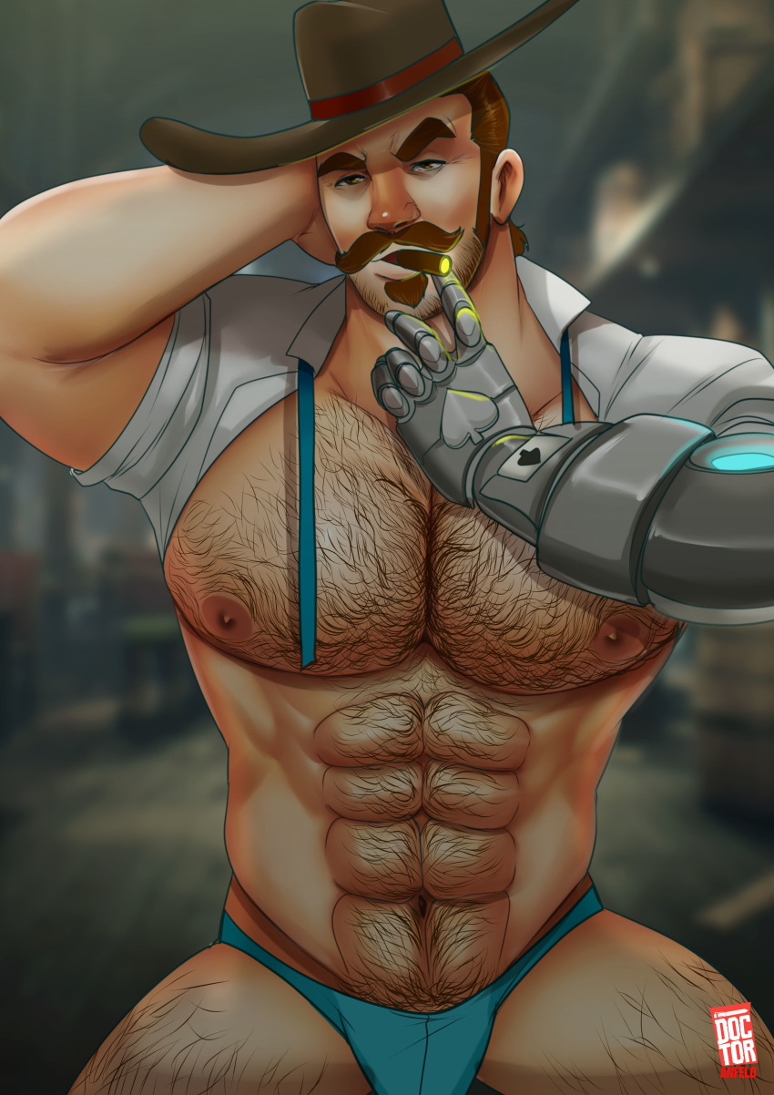 balls bara body_hair bulge cigar cole_cassidy doctor_anfelo facial_hair hat male male_only moustache muscles muscular overwatch overwatch_2 penis prosthetic_arm robotic_arm solo solo_male