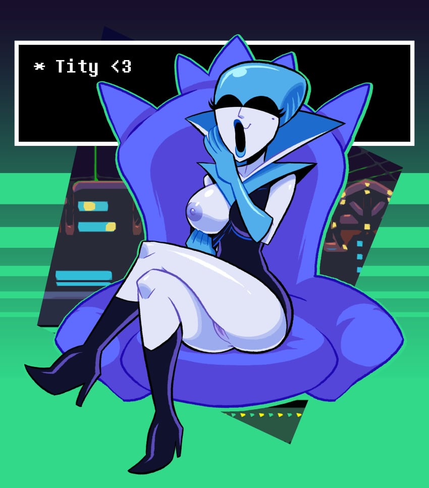 astrozolt_(artist) blue_lipstick breasts deltarune deltarune_chapter_2 dialogue flashing heels laughing lipstick queen_(deltarune) vagina