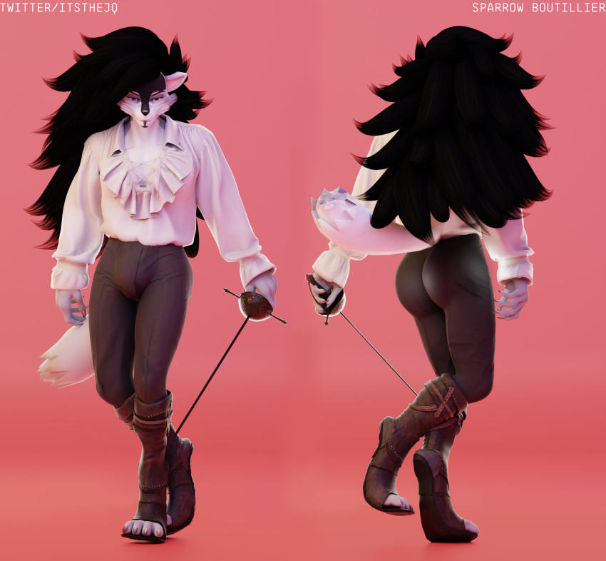 3d 3d_(artwork) 3d_model anthro ass beard black_hair boob_window boots bulge claws clothed clothing facial_hair feet full_body fully_clothed furry gradient_background grey_body grey_skin hi_res holding_sword holding_weapon huge_ass huge_butt itsthejq large_bulge long_fingernails long_hair long_sleeves loose_clothes male male/male male_only model_sheet muscular_ass muscular_thighs pants pose posing purple_eyes rapier reference_image reference_sheet ruffled_sleeves ruffles self_upload simple_background skin_tight smiling solo sparrow_(itsthejq) sparrow_boutillier sword tail thick thighs tight_pants wedgie wide_hips wolf