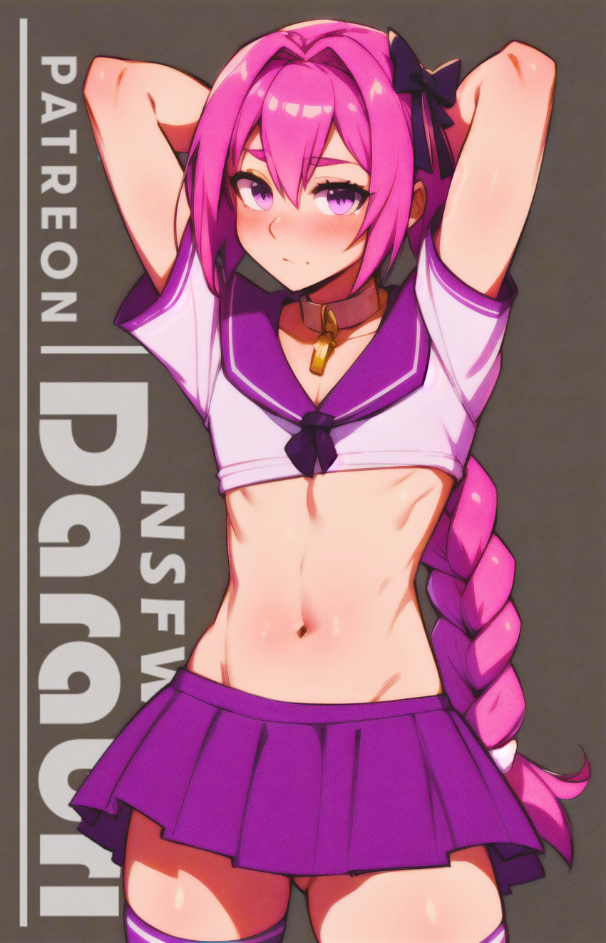 1boy abs abstract_background absurd_res ai_generated arms_behind_head arms_up astolfo_(fate) beige_skin braid braided_hair braided_ponytail cleavage collar color colored crop_top cute darabri eye_contact fate/grand_order fate_(series) femboy feminine_male flush flushing girly hair_ornament hi_res logo long_hair miniskirt navel otoko_no_ko outline pale_skin patreon patreon_logo pink_eyes pink_hair pov pov_eye_contact ribs simple_background slutty_clothing slutty_outfit solo solo_focus solo_male standing stockings tie toned trap