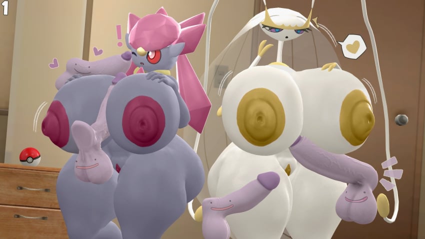 2girls 3d 3d_(artwork) big_breasts big_thighs breasts_bigger_than_head diancie disembodied_penis ditto dra111_(artist) dragon316 huge_breasts pheromosa pokémon_(species) pokemon pokemon_(species)