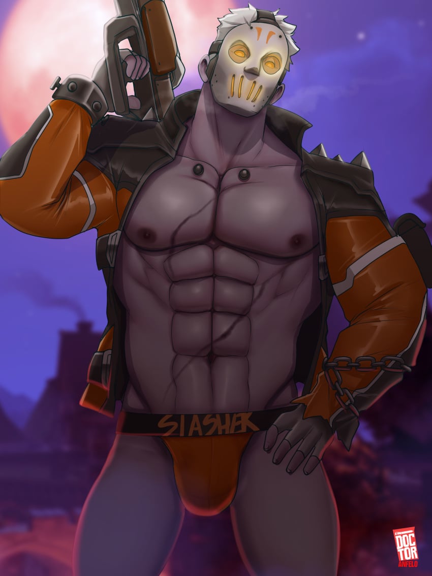 balls bara body_hair bulge doctor_anfelo facial_hair jockstrap male male_only muscles muscular overwatch penis soldier_76 solo solo_male