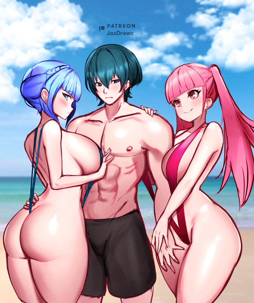 1boy 2girls abs ass beach bikini black_shorts black_swimsuit blue_hair braid breasts byleth_(fire_emblem) byleth_(fire_emblem)_(male) commission commissioner_upload fire_emblem fire_emblem:_three_houses girl_sandwich hilda_valentine_goneril jaxartdump jaxdrawz large_ass large_breasts long_pink_hair marianne_von_edmund nervous nintendo ocean on_beach outdoors pink_hair sandwiched short_hair sideboob sling_bikini standing straight swim_trunks swimsuit teal_hair thick_thighs threesome twintails