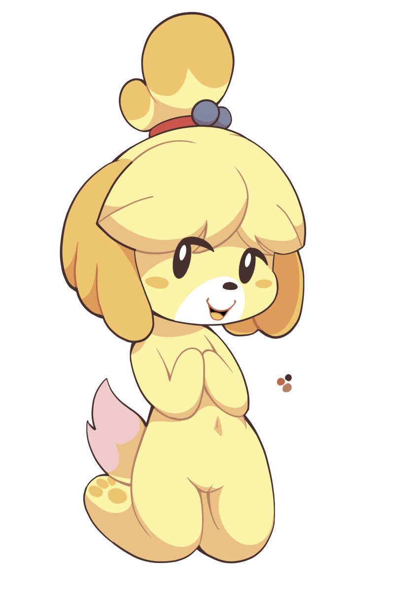 animal_crossing anthro blush female festive0goat genitals hi_res isabelle_(animal_crossing) kneeling looking_at_viewer nintendo nude pussy slit smile solo