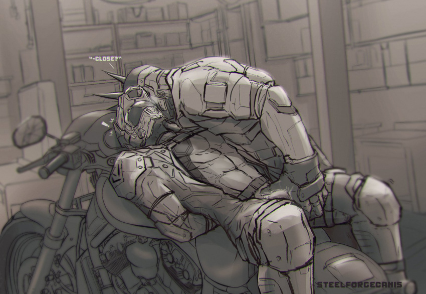 2boys gay groping male/male male_only mechanical motorcycle motorcycle_suit muscular muscular_male robot steelforgecanis