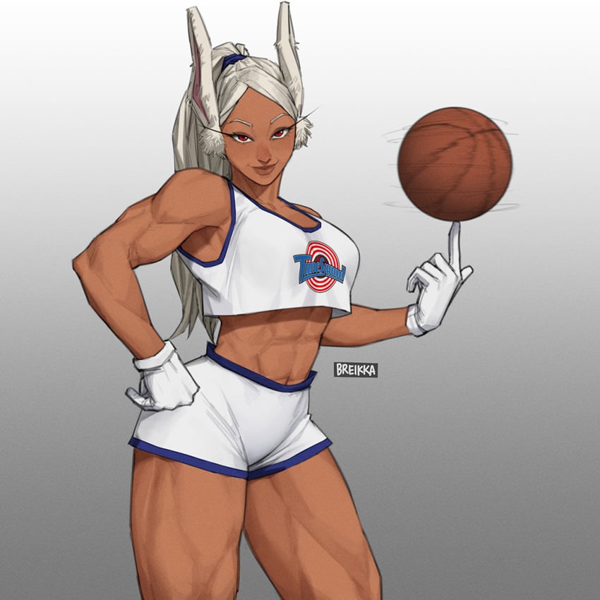 1girls abs basketball basketball_uniform breasts breikka bunny_tail cleavage cosplay crossover_cosplay dark-skinned_female dark_skin eyeshadow female female_only high_heels high_resolution holding holding_microphone holding_object large_breasts legs lipstick lola_bunny lola_bunny_(cosplay) long_hair long_legs looking_at_viewer looking_to_the_side miruko muscle_girl muscular_arms muscular_thighs my_hero_academia pinup red_lipstick rumi_usagiyama shirt smile solo space_jam tail thick_thighs thighs very_high_resolution very_long_hair white_hair white_shirt