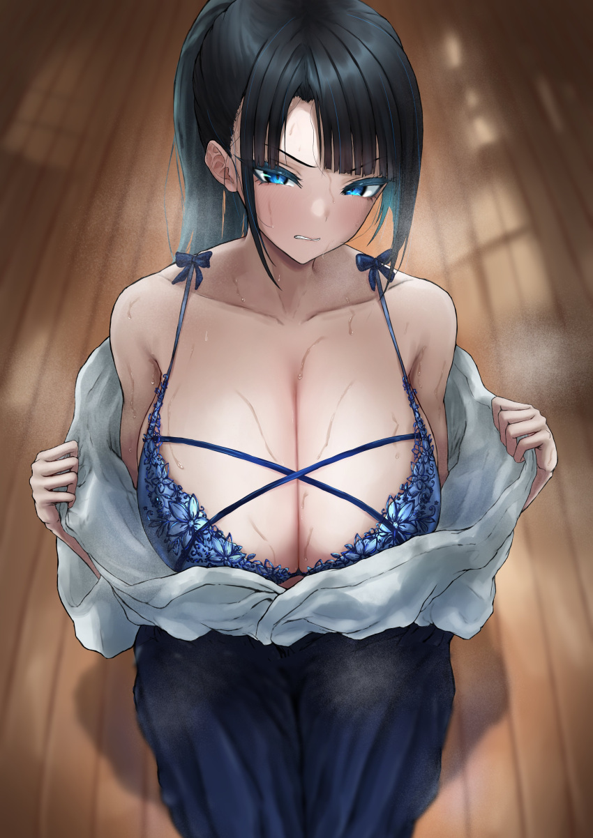 angry baggy_clothing baggy_pants biting_lip black_hair blue_eyes bra cleavage colored_inner_hair huge_breasts lace-trimmed_bra looking_at_viewer open_clothes ponytail steaming_body sweat_fetish sweaty sweaty_breasts