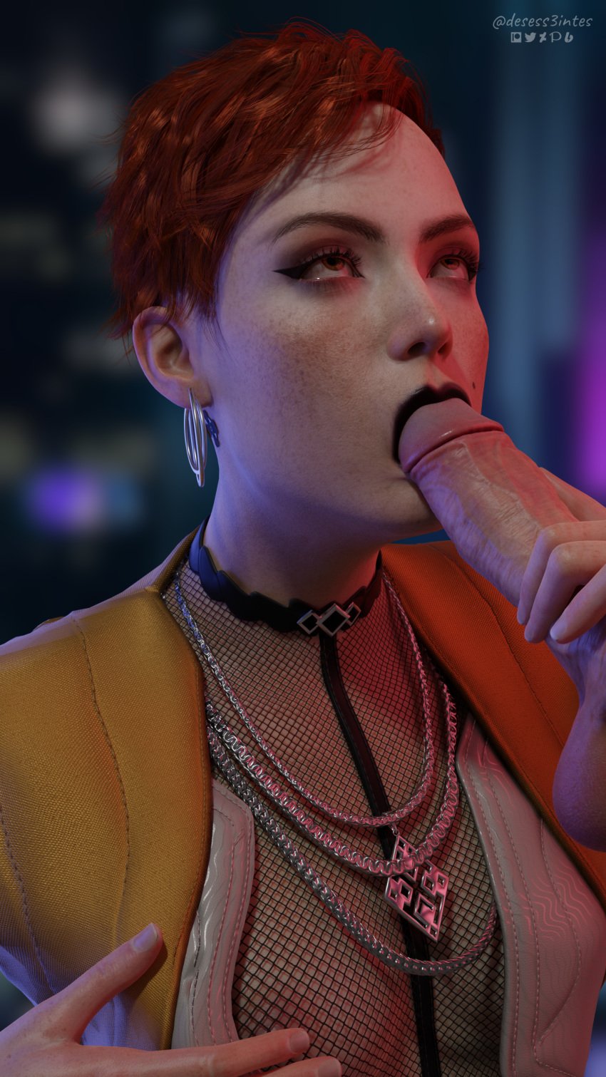 3d aurore_cassel blender blowjob cyberpunk_2077 cyberpunk_2077:_phantom_liberty desess3intes nipples partial_male red_hair redhead render rolling_eyes short_hair tagme