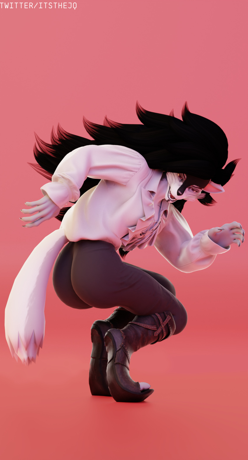 3d 3d_(artwork) 3d_model anthro artist_logo ass ass_focus beard black_hair boob_window boots claws clothed clothing facial_hair feet full_body fully_clothed furry gradient_background grey_body grey_skin hi_res huge_ass huge_butt itsthejq long_fingernails long_hair long_sleeves loose_clothes male male/male male_only muscular_ass muscular_thighs pants pose posing purple_eyes ruffled_sleeves ruffles self_upload sfw simple_background skin_tight smiling solo sparrow_(itsthejq) sparrow_boutillier squatting tail thick thighs tight_pants wedgie wide_hips wolf