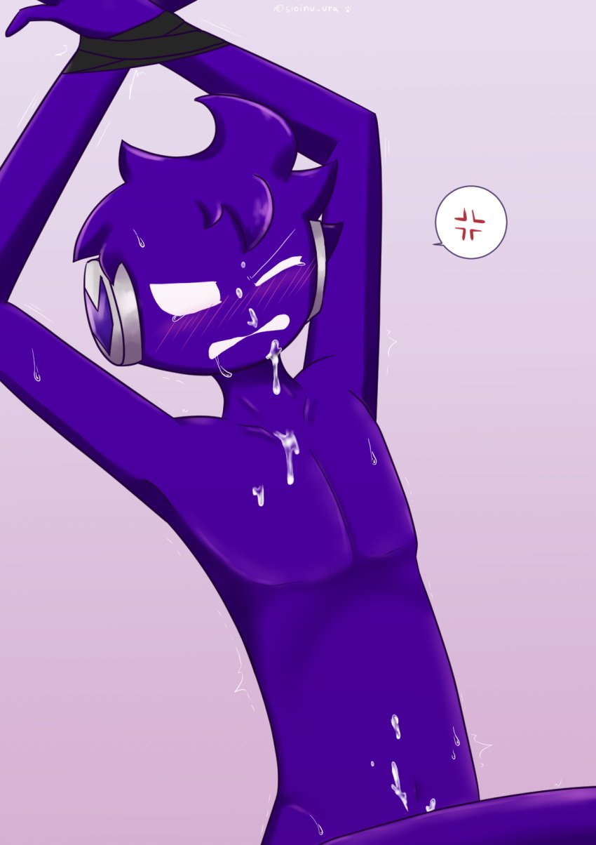 angry angry_face blush cum cum_on_body cum_on_face friday_night_funkin friday_night_funkin_mod gay hands_tied hands_up headphones headphones_on_head legs_up pecs purple_hair purple_skin sioinu_ura thin tremble_spikes tsundere twink void_(friday_night_funkin) white_ears