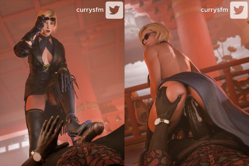 1boy 1girls 3d ass ass_grab blonde_hair blue_eyes cum_in_pussy currysfm dark-skinned_male femme_fatale heels interracial nina_williams partial_male reverse_cowgirl_position sex sunglasses tekken tekken_8