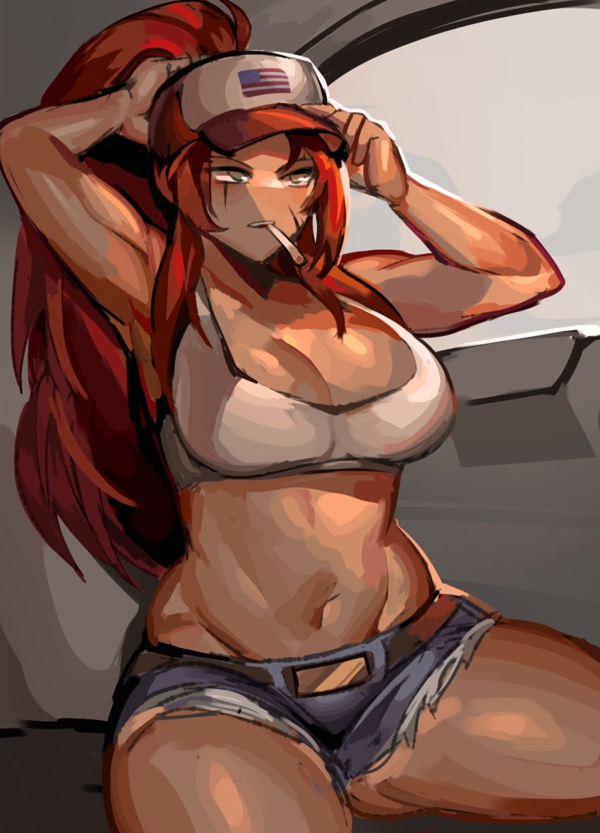 1girls big_breasts booty_shorts cigarette female gebura_(lobotomy_corporation) library_of_ruina lobotomy_corporation morchkins muscular_female ponytail project_moon red_hair scar_on_face scars_on_face tank_top thick_thighs trucker trucker_hat yellow_eyes