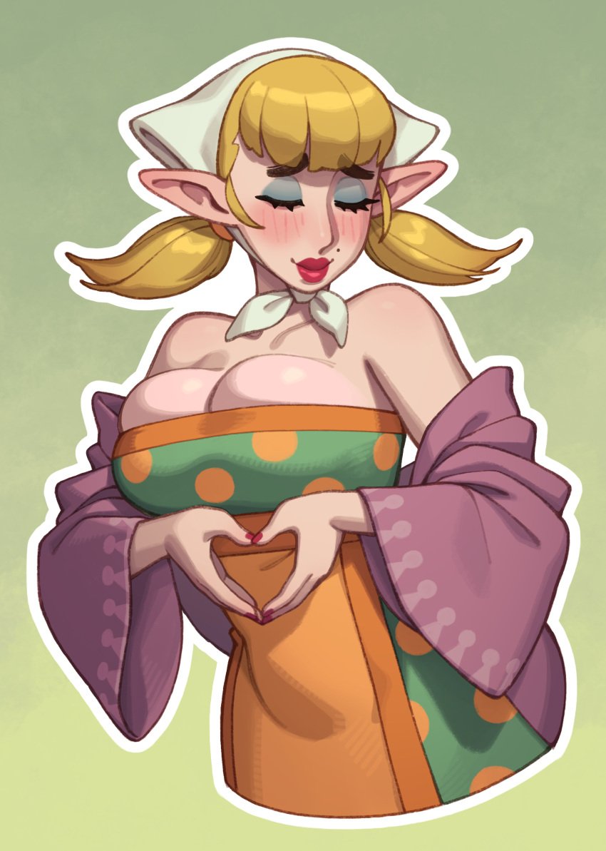 1girls 2024 blonde_hair blush breast_squish breasts cleavage closed_eyes clothing eyeshadow female female_focus female_only heart_hands hi_res mole mole_above_mouth nintendo peatrice pointy_ears red_lipstick rizdraws skyward_sword smile solo the_legend_of_zelda very_high_resolution