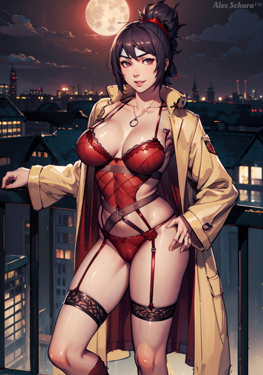 1girls adapted_costume ai_generated alex-schura arm_support artist_name balcony bare_chest bare_midriff bare_thighs barely_clothed belt big_breasts boots breasts city_background cleavage coat curvaceous curvy curvy_figure female female_only garter_belt garter_straps headband huge_breasts large_breasts leotard lingerie lipstick makeup mature mature_female midriff mitarashi_anko mostly_nude nai_diffusion naruto naruto_(classic) naruto_(series) naruto_shippuden necklace pendant ponytail purple_hair railing revealing_clothes sagging_breasts skimpy skimpy_clothes solo solo_focus stable_diffusion standing stockings straps trenchcoat voluptuous watermark wide_hips wide_sleeves