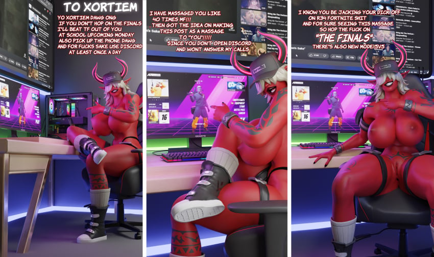 3d arm_tattoo big_breasts demoness desdemona_(fortnite) fortnite gameplay_screenshot glands_of_montgomery hop_on_(meme) horns massage muscular_female plump_labia pussy red_skin succubus tail tatto the_finals thick_ass thick_thighs threatening threatening_viewer threatening_violence white_hair ya_path