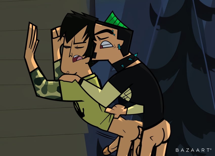 2boys accurate_art_style against_wall anal anal_sex ass big_penis black_hair bottomless_male clenched_teeth closed_eyes cock dick doggy_style duncan_(tdi) gay green_hair tdda19 total_drama_island trent_(tdi) yaoi