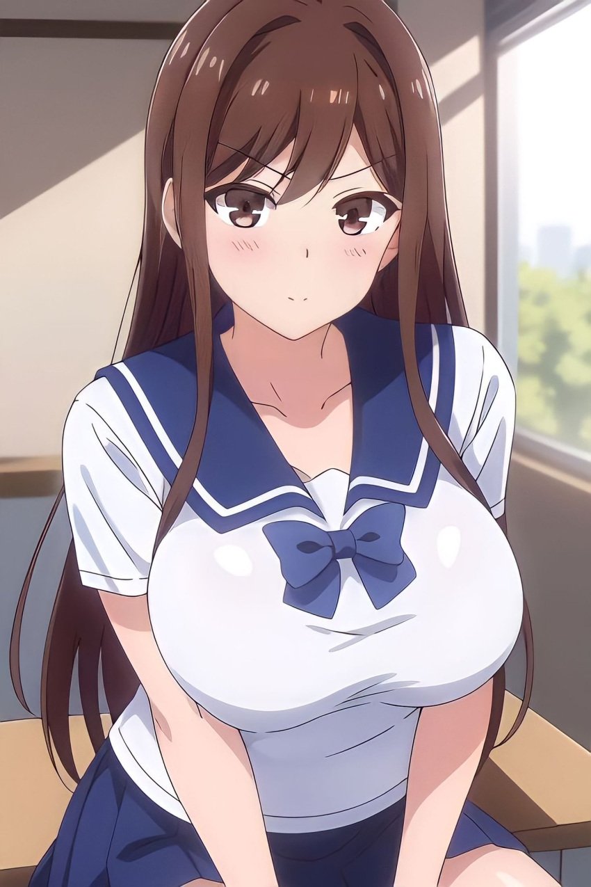 ai_generated big_breasts brown_eyes brown_hair gigantic_breasts overflow_(series) school_uniform shirakawa_ayane uniform