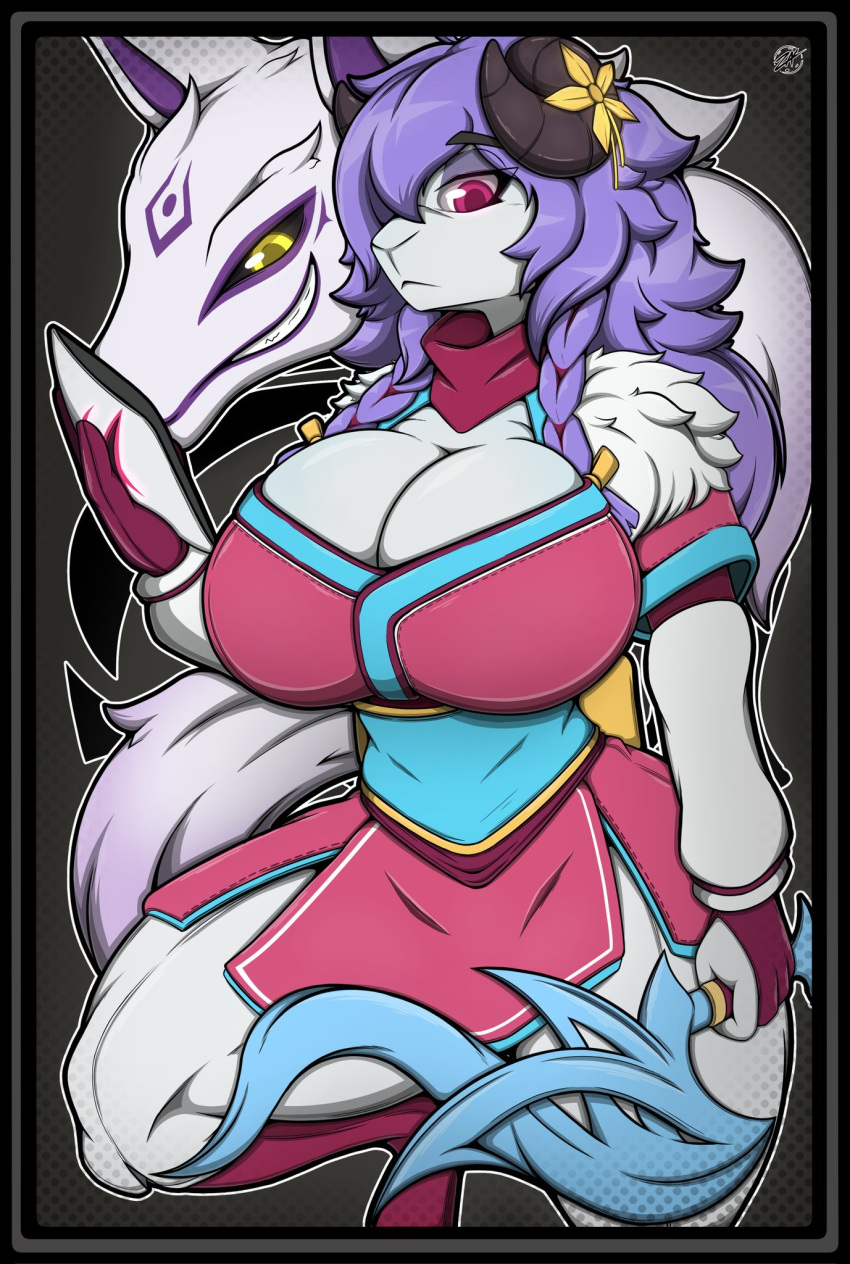 2020s 2022 2d 2d_(artwork) anthro anthro_only big_breasts big_thighs braided_hair breasts cleavage clothed clothing ewe fur furry furry_female furry_only hi_res highres hips horns kindred lamb_(league_of_legends) large_breasts large_thighs league_of_legends long_hair purple_hair red_eyes sheep sheep_girl slim_waist spirit_blossom_kindred thick_thighs thighs unmasked wide_hips wolf_(league_of_legends) zak_hitsuji