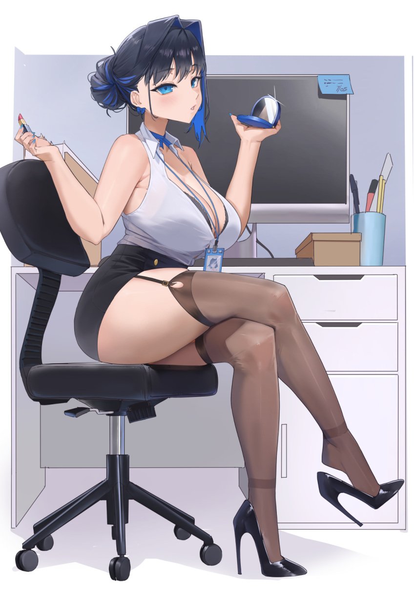 1girls archinoer blue_eyes blue_hair breasts clothed female female_only fully_clothed high_heels hololive hololive_english hololive_english_-council- hololive_english_-promise- huge_breasts light-skinned_female light_skin office office_chair office_lady ouro_kronii revealing_clothes short_hair stiletto_heels stockings thick_thighs very_high_heels virtual_youtuber