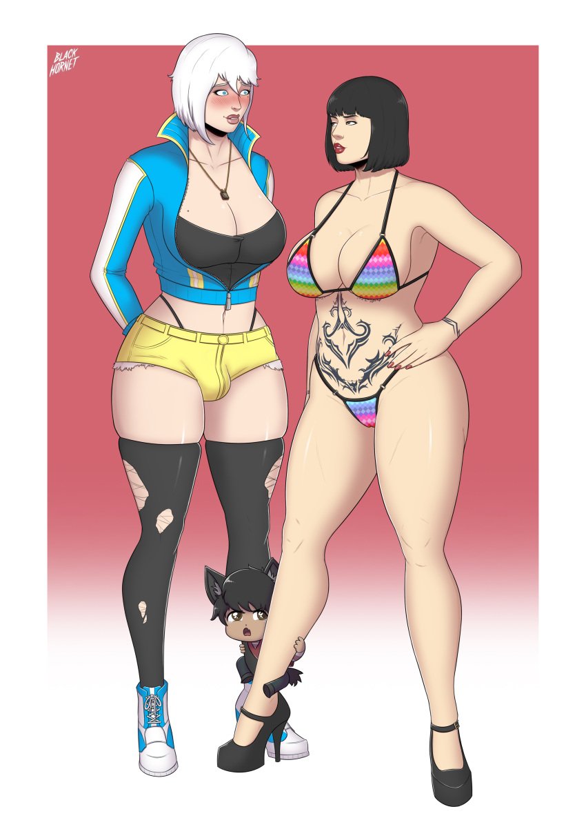 1boy 1futa 1girls 2024 angry_face big_breasts bikini black_hair blackhornet blasa_zwieg blue_eyes blush blushing_lines bob_cut breasts brown_eyes bulge chibi clothed clothing digital_art digital_drawing digital_drawing_(artwork) digital_media_(artwork) duo_focus female fully_clothed futa_bulge futa_with_female futanari goth goth_girl hand_on_hip hands_behind_back heels hi_res highres huge_cock human jacket jacket_open larkin_love light-skinned_female light-skinned_futanari light_skin lipstick looking_at_another male miniboy mostly_nude necklace nylon_stockings nylons rainbow_bikini red_lipstick red_nails short_hair shorts shy_smile size_difference standing starstruck stockings tattoo tattoo_on_arm tattoo_on_belly tattooed_arm tattooed_female tattoos white_hair white_hair_female yellow_shorts