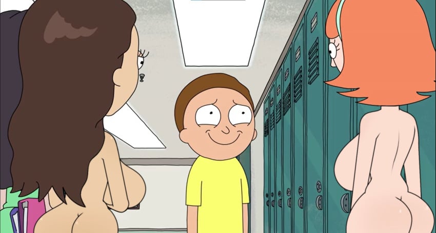 1boy 3girls backboob big_ass big_breasts casual casual_nudity clothed_female_nude_female clothed_male_nude_female edit female hallway hanging_breasts holly_hooks huge_breasts jessica_(rick_and_morty) morty_smith nerota nude public public_nudity rick_and_morty school schoolgirl student teasing tricia_lange