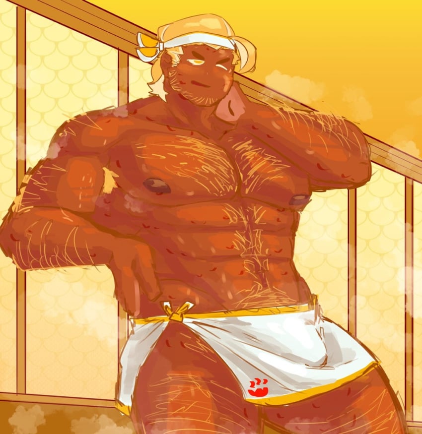 bara bara_tiddies bara_tits barazoku barely_clothed cookie_run cookie_run_ovenbreak hairy hairy_armpits hairy_chest hairy_male male_only sauna sauna_egg_cookie sugarovin sweat towel_only