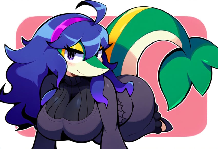 accessory ahoge ai_generated anthro big_breasts blue_hair blush breasts clothed clothing eyeshadow female generation_5_pokemon hair hellsonger hi_res long_hair looking_at_viewer makeup mammal nintendo pokemon pokemon_(species) purple_hair simple_background smile snex_maniac snivy solo