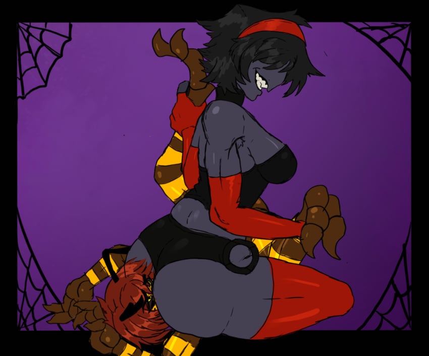 bee black_sclera cottt(artist) domination facesitting femboy femdom furry holding_legs large_ass looking_back sharp_teeth smile smothering smothering_ass spider thighhighs