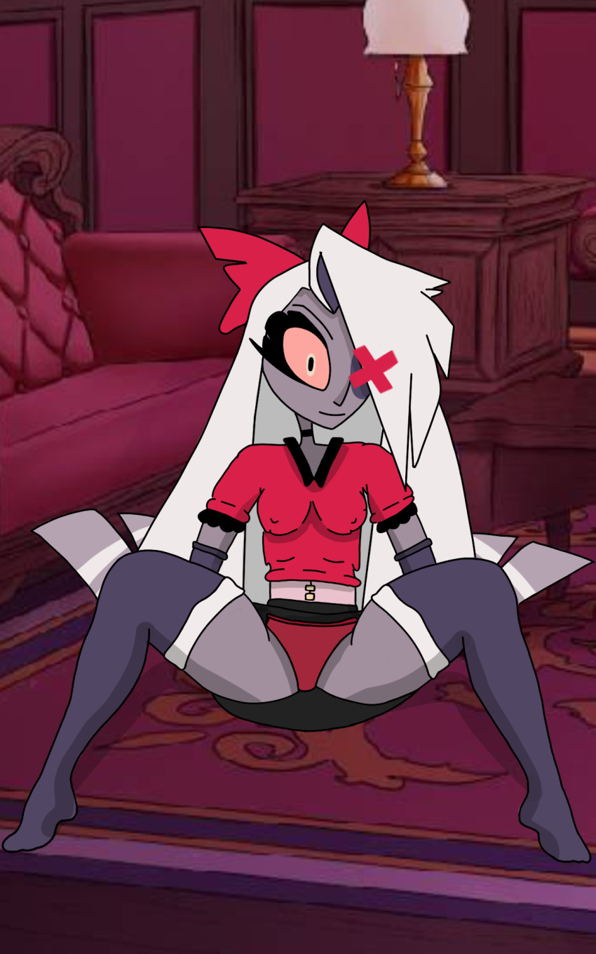 clothed clothing hazbin_hotel looking_at_viewer panties revealing_clothes series spread_legs tv upskirt vaggie_(hazbin_hotel)