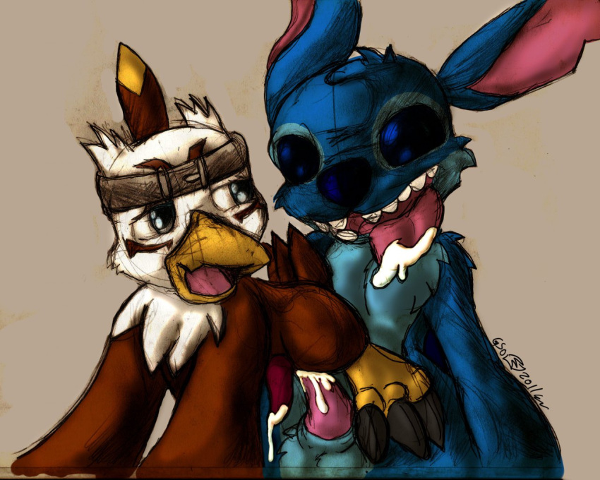 anthro crossover cum digimon duo experiment_(species) gay hawkmon interspecies lilo_and_stitch male male_only penis stitch tagme yaoi