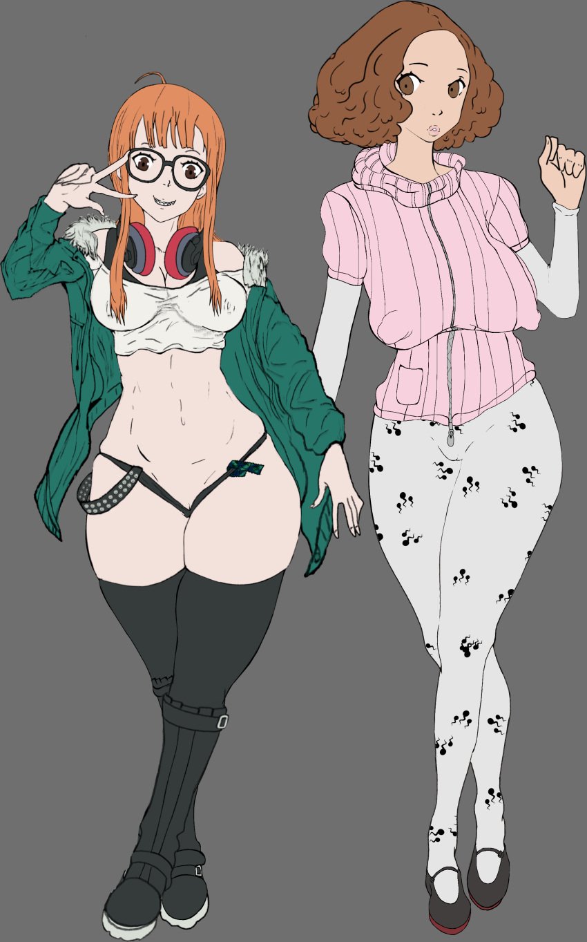 atlus big_breasts brown_hair clothed clothing female fully_clothed haru_okumura huge_breasts huge_cock human impossible_clothing light-skinned_female light_skin mostly_nude orange_hair persona persona_5 pointy_breasts sakura_futaba sketch thick thick_ass thick_thighs wankofool