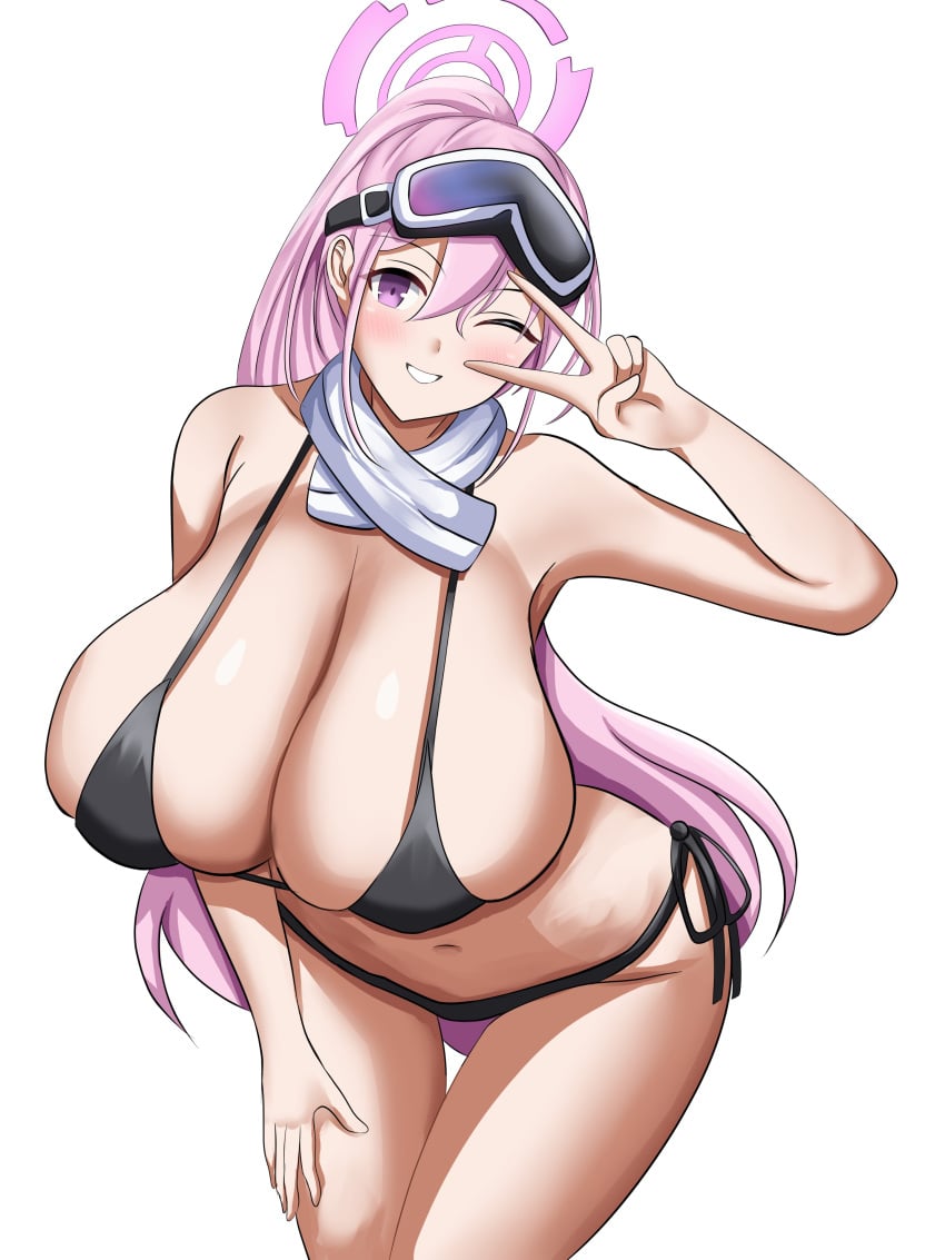 1girl bikini black_bikini blue_archive blush breasts cleavage eimi_(blue_archive) eimi_(swimsuit)_(blue_archive) goggles goggles_on_head halo huge_breasts leaning_forward long_hair one_eye_closed pink_hair ponytail purple_eyes rufus_(iguzamina_view) scarf side-tie_bikini_bottom ski_goggles smile solo standing swimsuit thigh_gap v v_over_eye white_background white_scarf wink