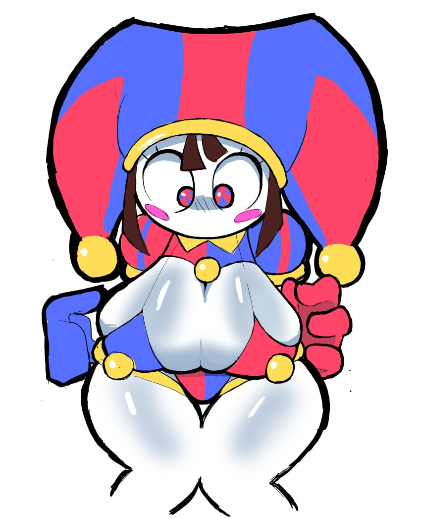 alternate_breast_size clown eks-out embarrassed huge_breasts pomni pomni_(the_amazing_digital_circus) the_amazing_digital_circus thick_thighs wide_hips